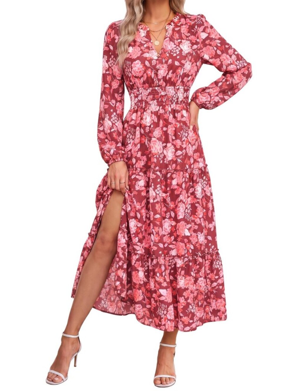 Women's Floral Maxi Dress 2026 Fall Long Sleeve V Neck Empire Waist A Line Flowy